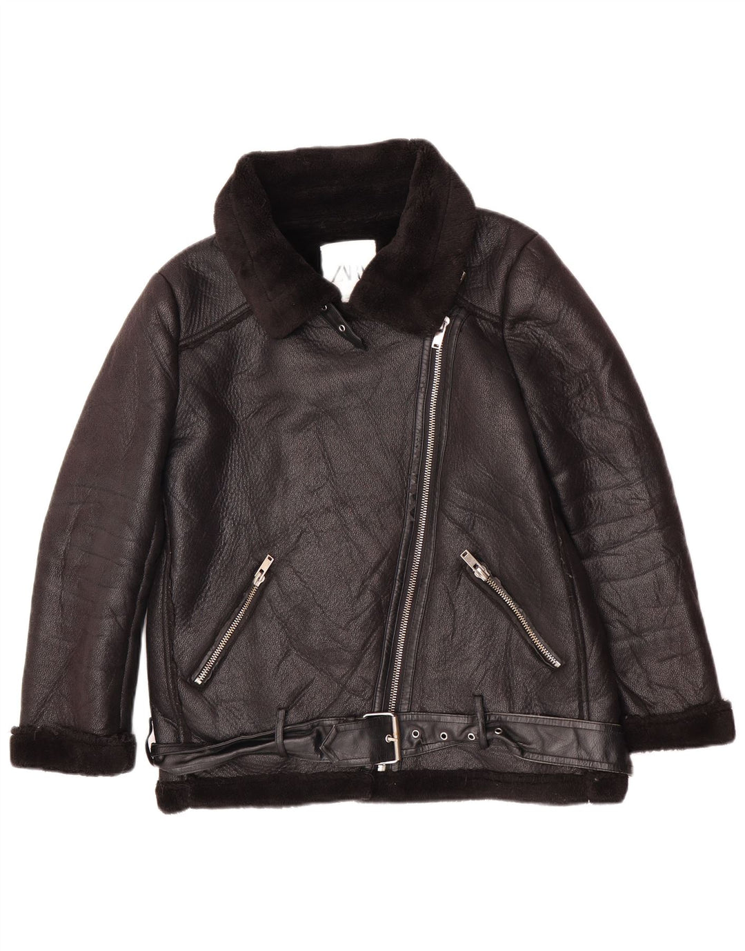 Giacca Sherpa da donna in ecopelle Zara UK 14 poliuretano nero medio