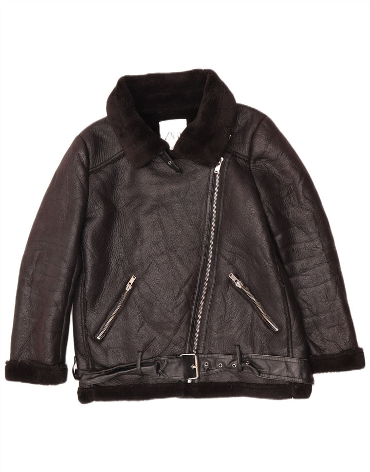 Giacca Sherpa da donna in ecopelle Zara UK 14 poliuretano nero medio