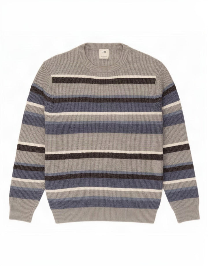 Maglione maglione girocollo da uomo Marks & Spencer grande poliestere a righe grigie