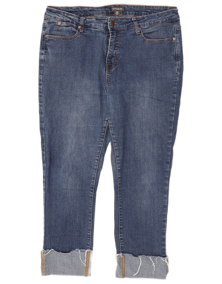 Jeans cropped autografati da donna Marks & Spencer UK 14 Large W34 L24 Blu
