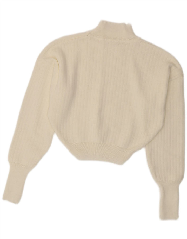 Maglione Donna Vintage Corto a Collo Alto UK 14 Medio Bianco