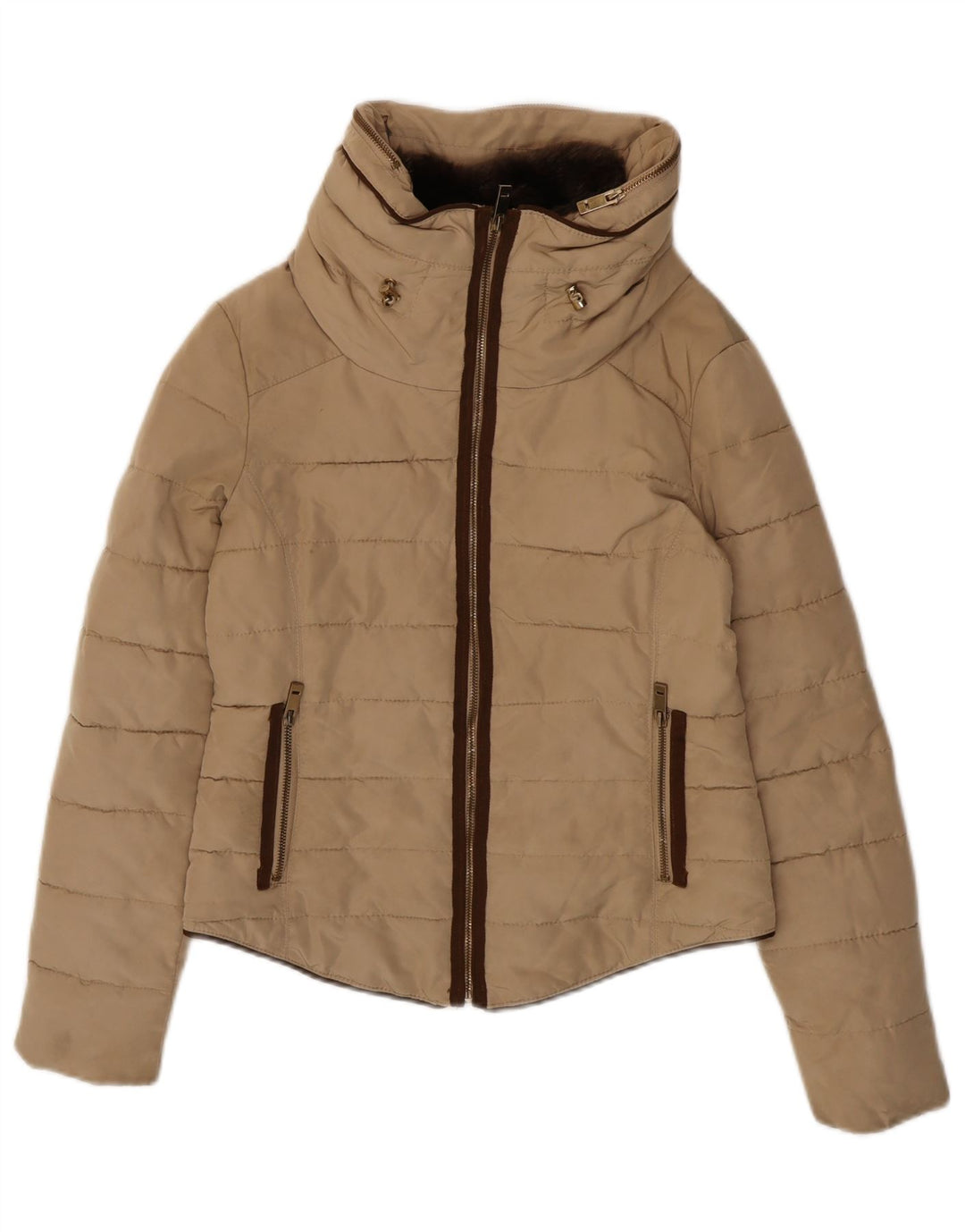 Giacca imbottita con cappuccio corta da donna Zara UK 14 Poliestere beige medio