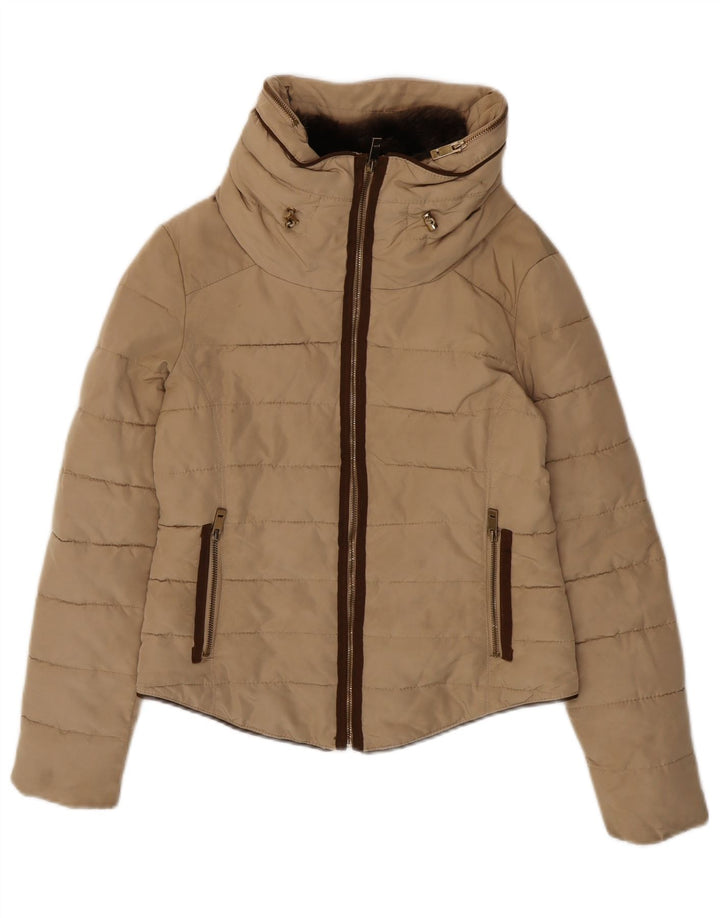 Giacca imbottita con cappuccio corta da donna Zara UK 14 Poliestere beige medio