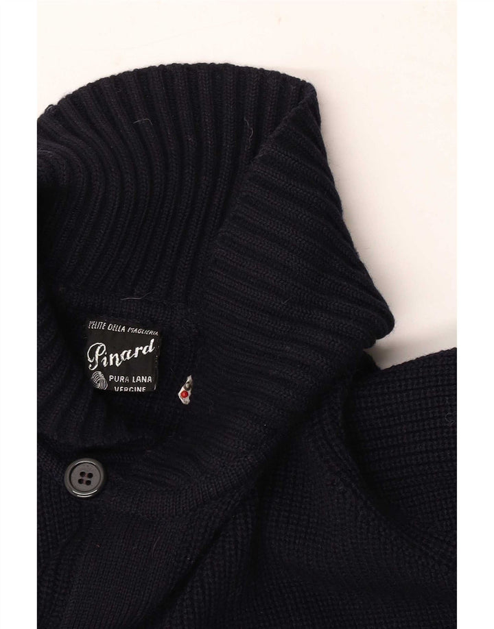 Maglione cardigan da uomo vintage in lana vergine blu navy medio