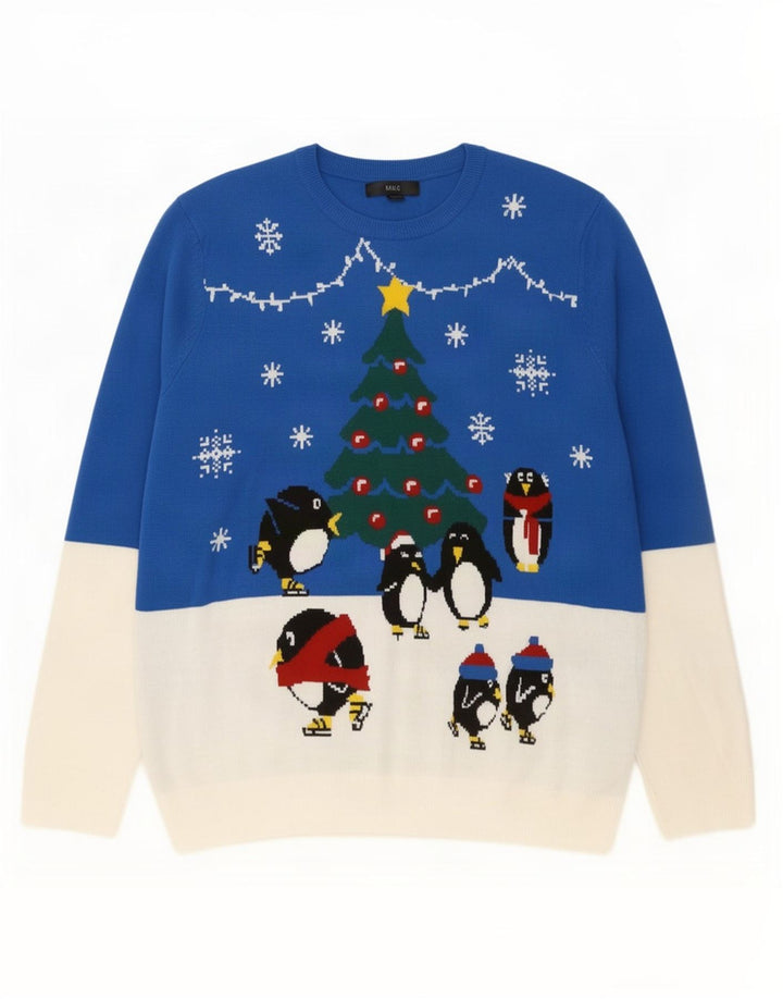 Maglione maglione girocollo da uomo Marks & Spencer grande blu natalizio
