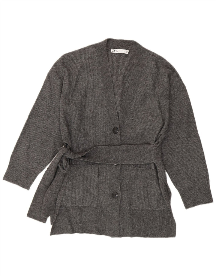 Maglione cardigan lungo da donna ZARA vestibilità ampia UK 10 piccolo acrilico grigio