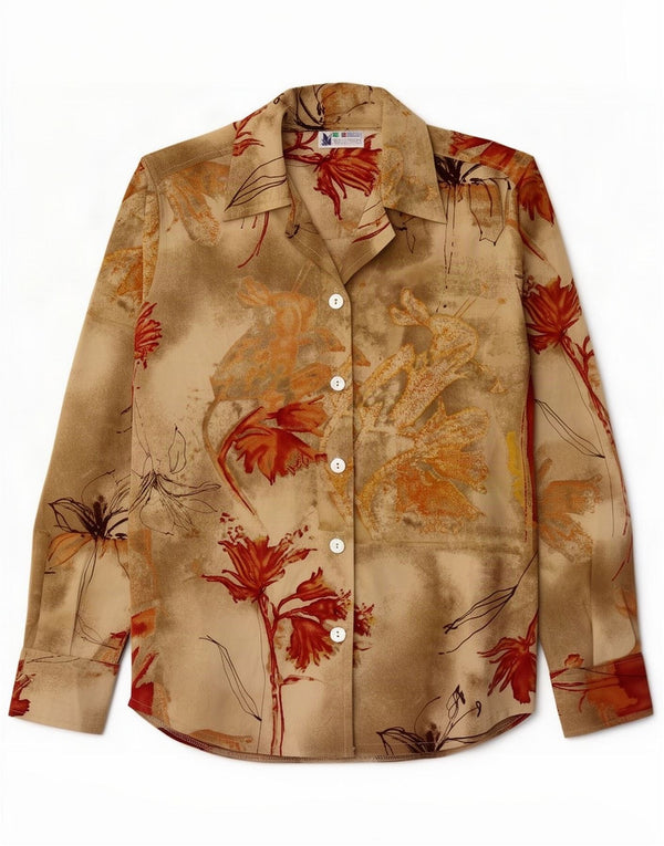 Camicia vintage da donna UK 16 grande beige floreale poliestere