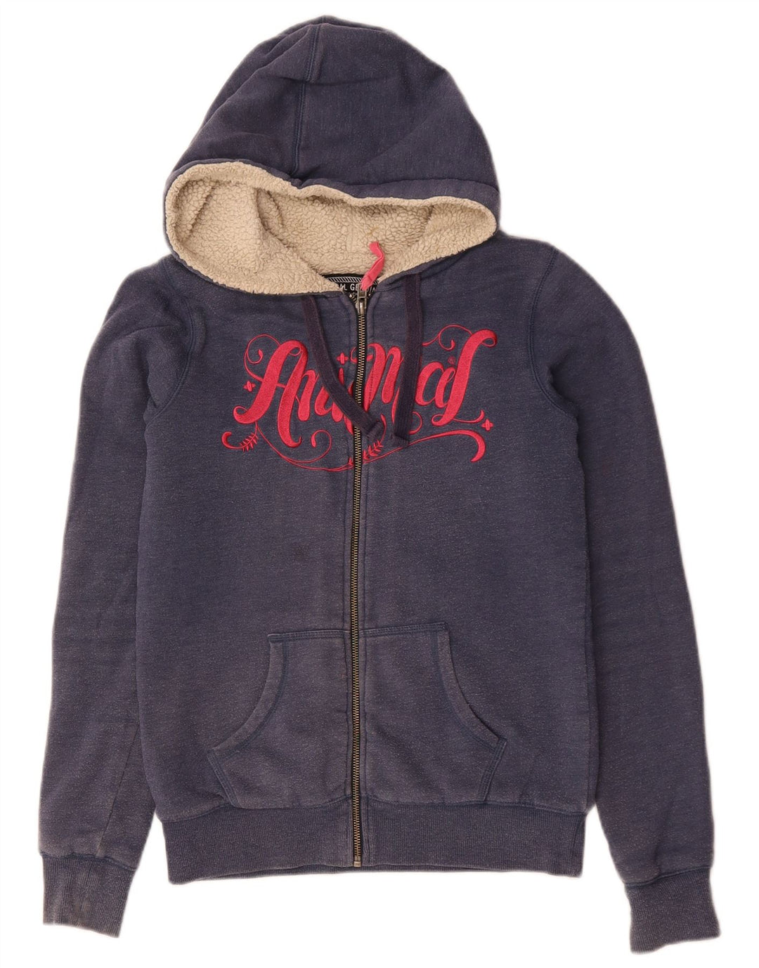 ANIMAL Felpa con cappuccio e zip grafica da donna UK 8 Small Blu Navy