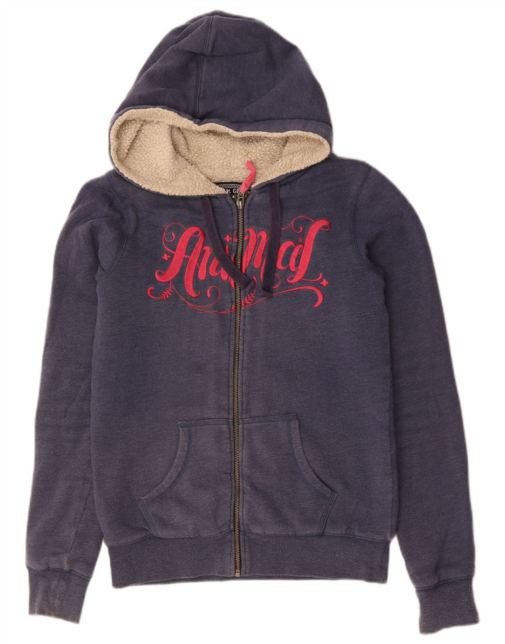 ANIMAL Felpa con cappuccio e zip grafica da donna UK 8 Small Blu Navy