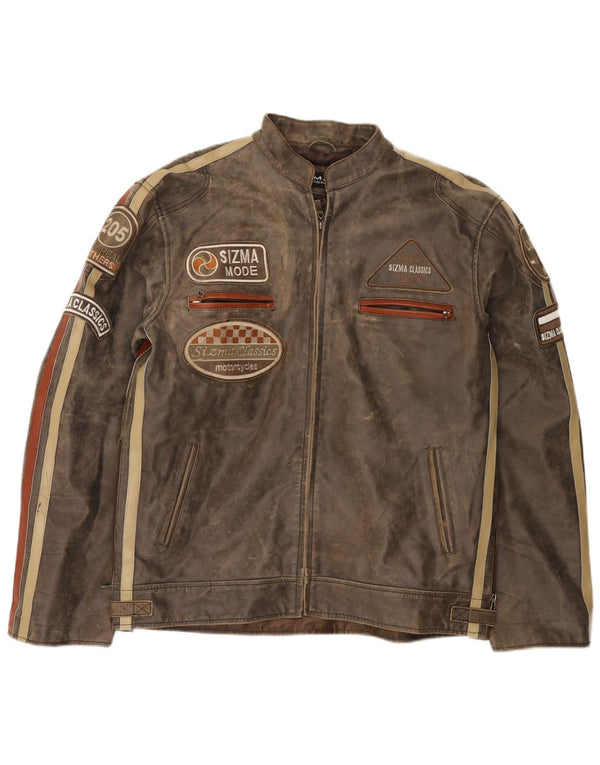 Giacca da pilota in pelle grafica da uomo Sizma Mode UK 42 XL Blocco colore marrone