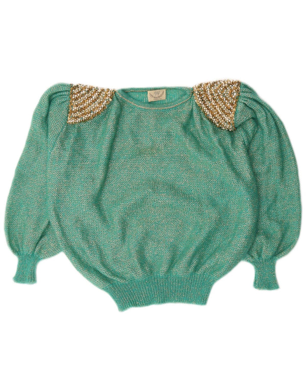 Maglione corto da donna vintage con scollo a barca IT 42 Verde medio screziato