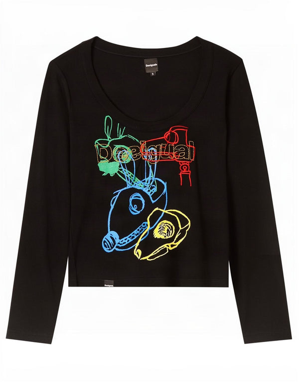 Desigual Donna Graphic Top Manica Lunga UK 10 Small Nero Viscosa
