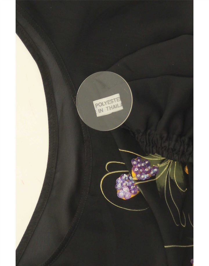 Top corto da donna vintage in camicetta UK 16 grande poliestere floreale nero