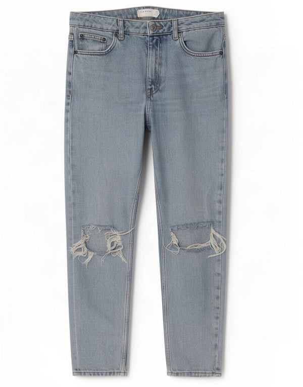Jeans da donna a vita alta effetto consumato mamma Topshop W28 L30 cotone blu