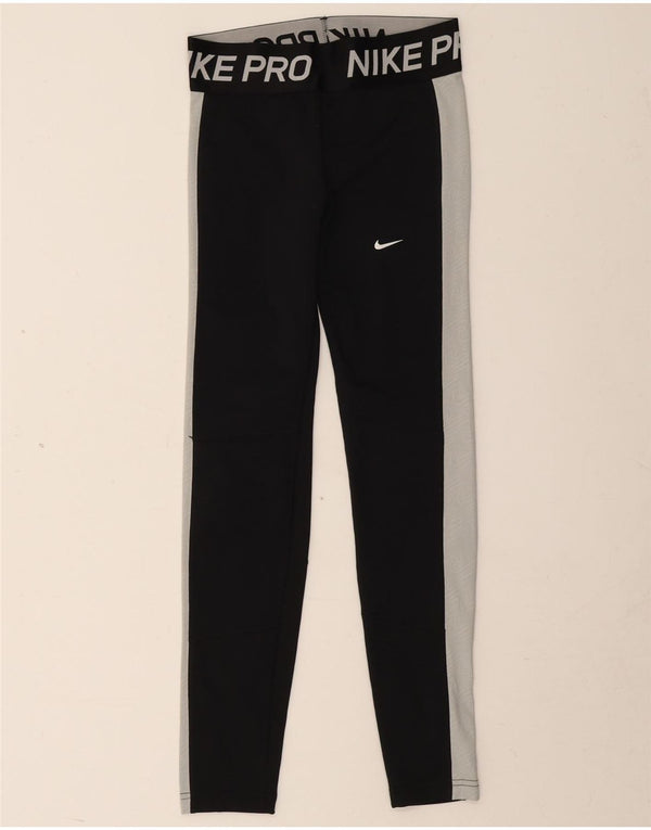 Nike Girls Dri Fit Graphic Leggings 13-14 Years XL Black Colourblock