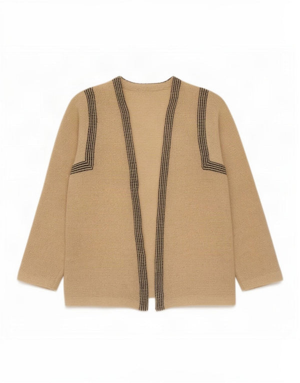 Maglione cardigan aperto da donna vintage UK 8 piccolo a righe beige
