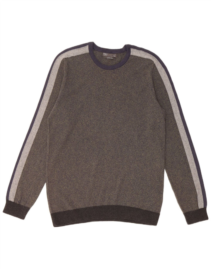 Maglione maglione girocollo da uomo Marks & Spencer piccolo cotone a righe kaki