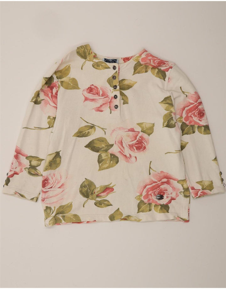 Top da donna VINTAGE a maniche lunghe UK 16 grande cotone floreale bianco sporco