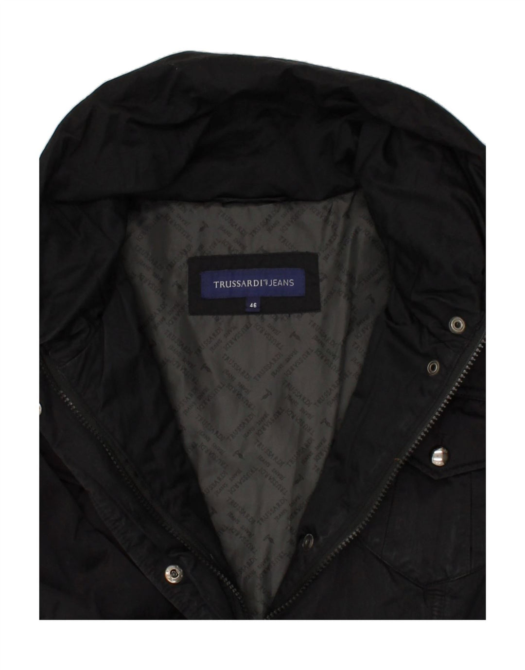TRUSSARDI JEANS Womens Padded Coat IT 46 Large Black Polyester | Vintage Trussardi Jeans | Thrift | Second-Hand Trussardi Jeans | Used Clothing | Messina Hembry 