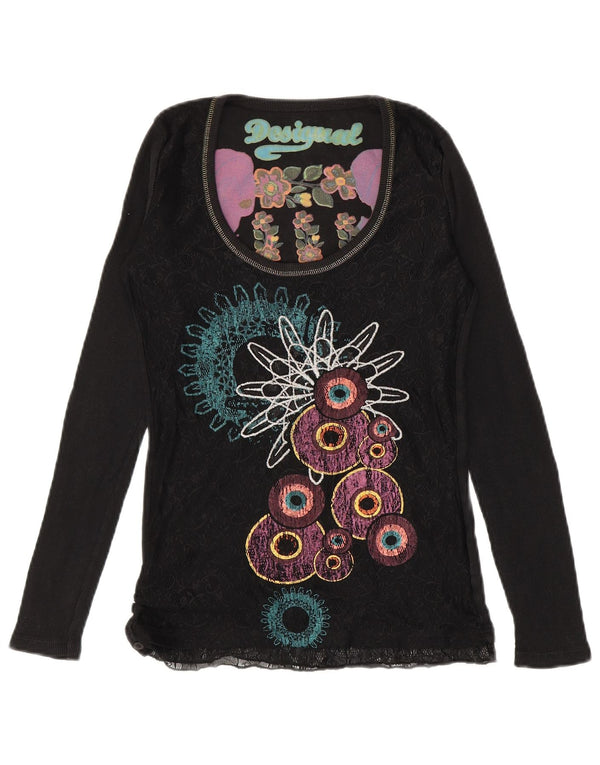 Desigual Donna Graphic Top Manica Lunga UK 10 Piccolo Nero Floreale Cotone