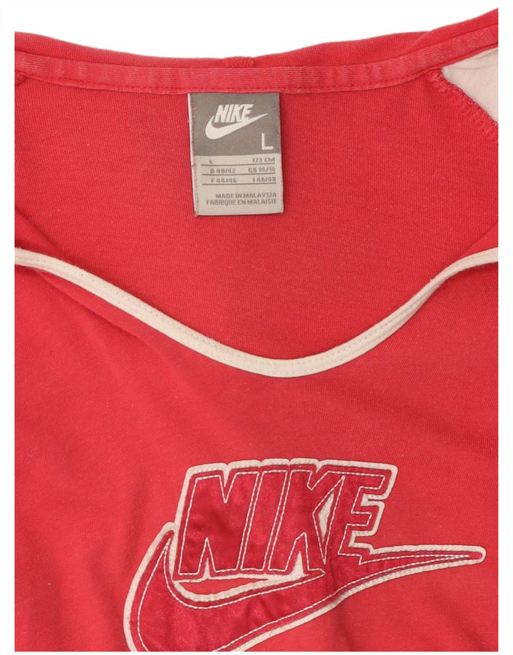 NIKE Top grafico da donna con cappuccio a maniche lunghe UK 14/16 Large Rosso Colourblock