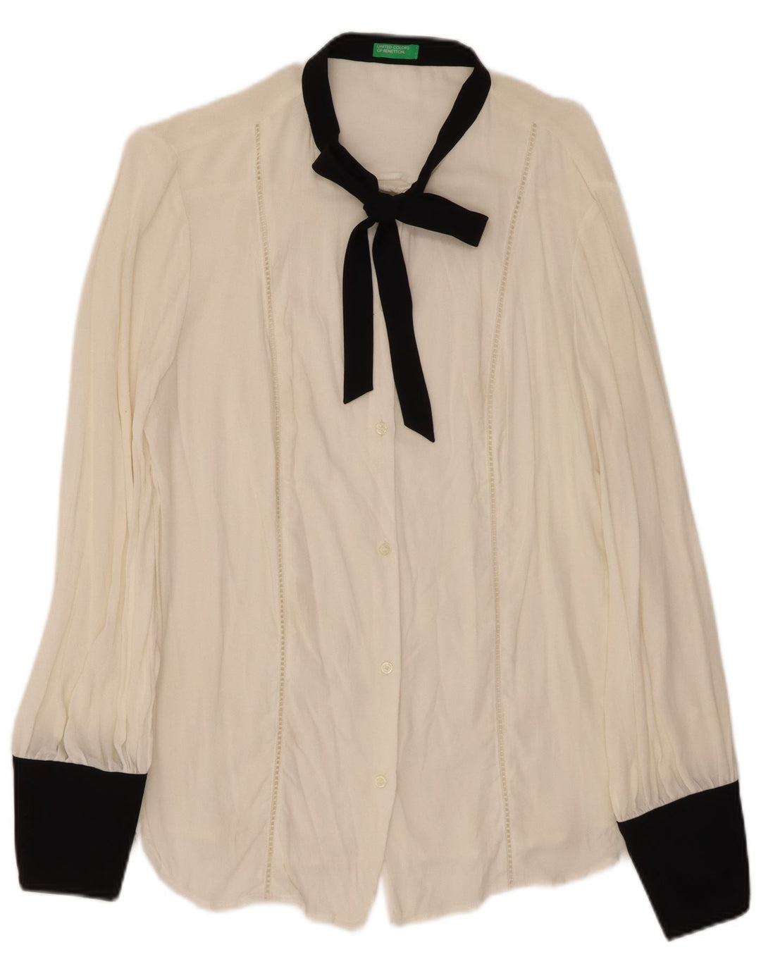 BENETTON Camicetta da donna con papillon UK 16 Large in viscosa color block bianca