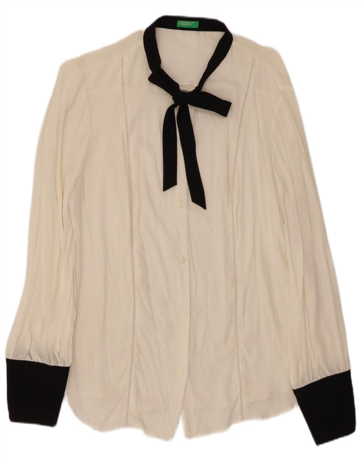 BENETTON Camicetta da donna con papillon UK 16 Large in viscosa color block bianca