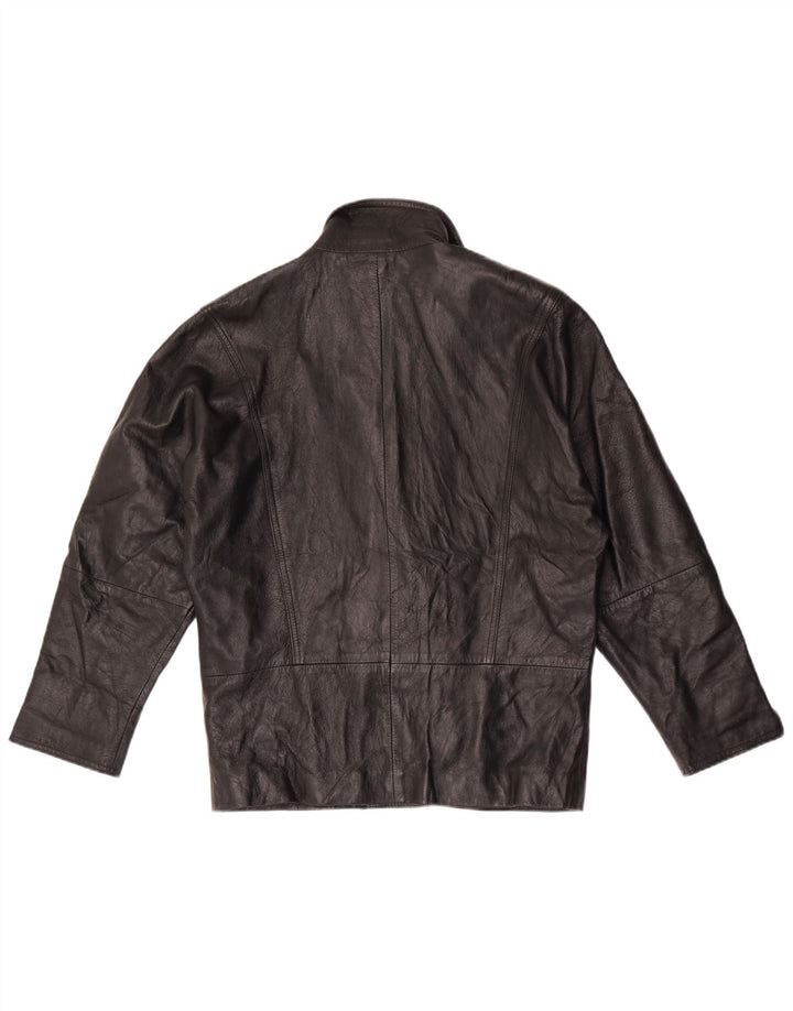 Giacca blazer in pelle doppio petto vintage da donna UK 16 grande nera