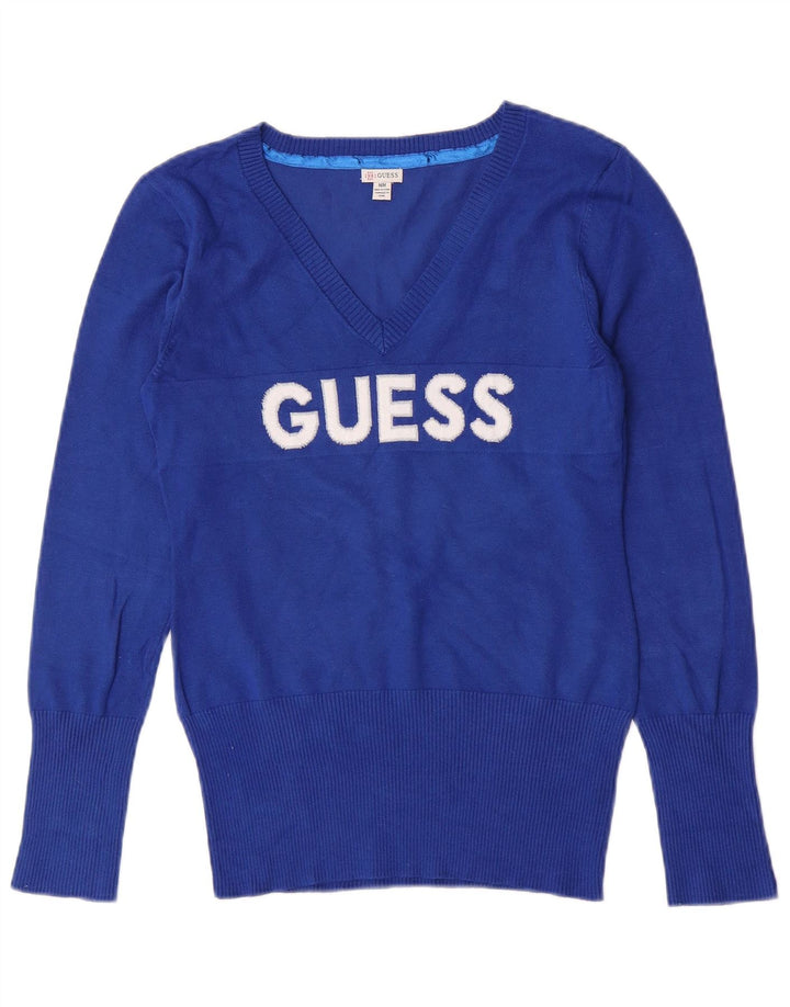 Guess maglione da donna con scollo a V grafico UK 8 piccolo rayon blu