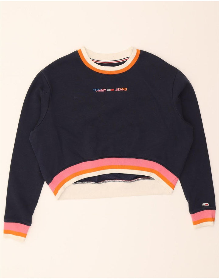 TOMMY HILFIGER Womens Crop Sweatshirt Jumper UK 14 Medium Navy Blue Vintage Tommy Hilfiger and Second-Hand Tommy Hilfiger from Messina Hembry 