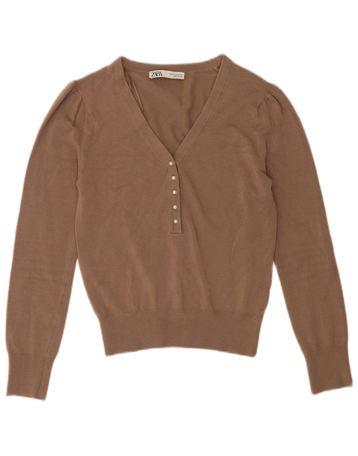 Maglione Zara da donna con scollo a V UK 12 Viscosa marrone medio