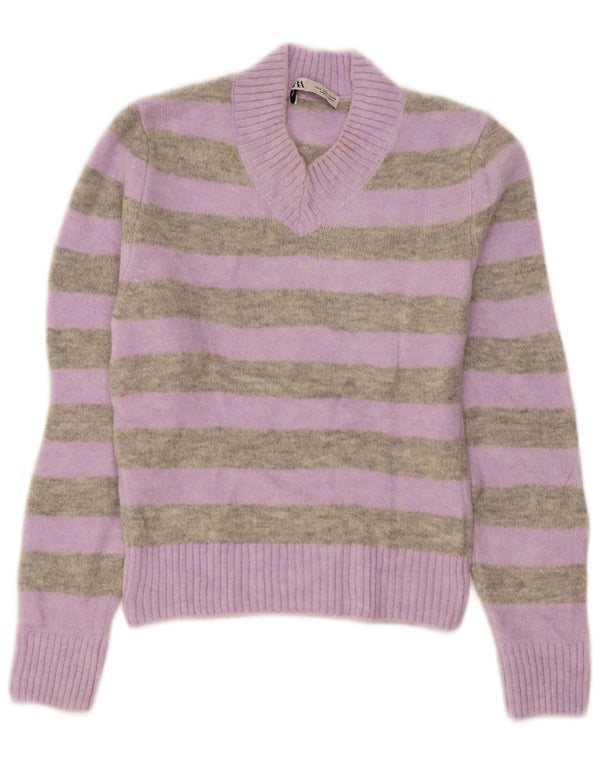 Maglione corto con scollo a V da donna Zara UK 10 piccolo a righe viola