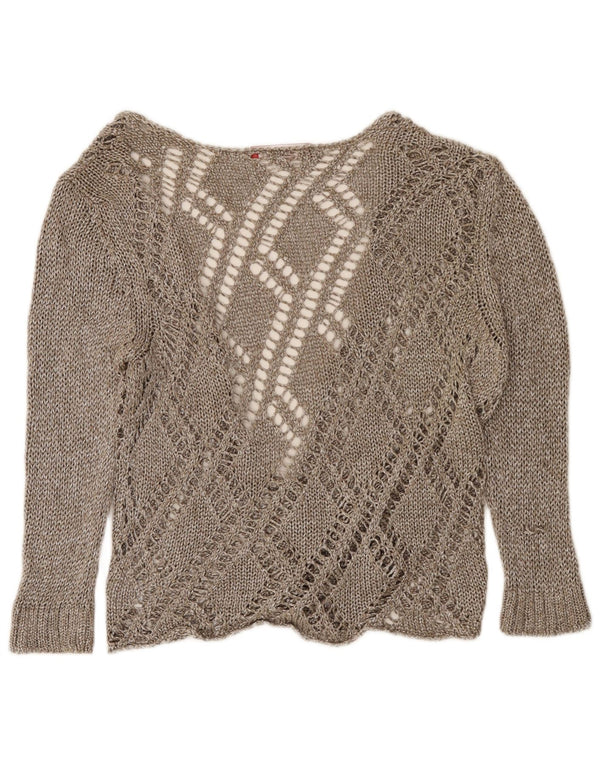 Maglione cardigan con maniche a 3/4 da donna vintage UK 14 grande marrone screziato