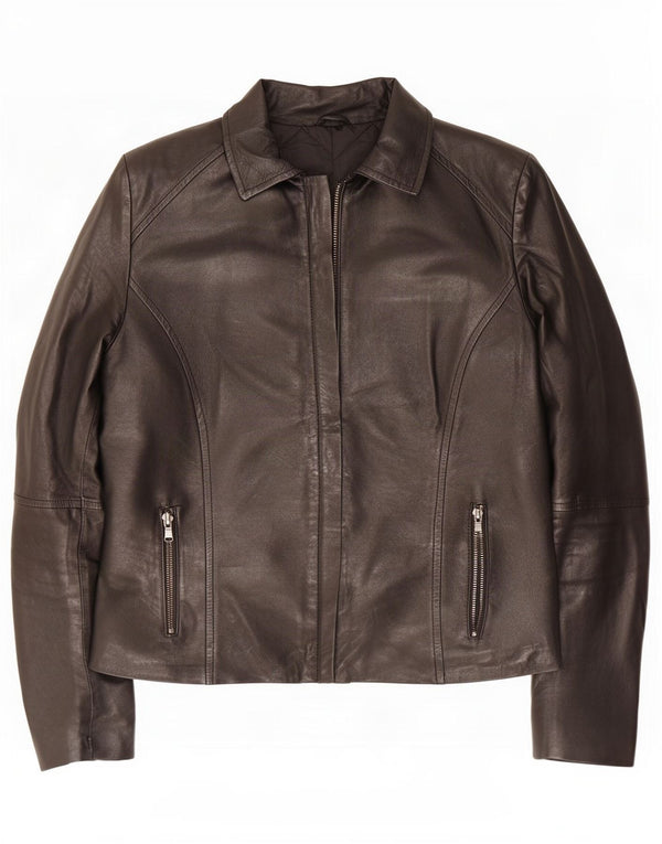 Giacca da motociclista in pelle da donna vintage UK 14 grande nera
