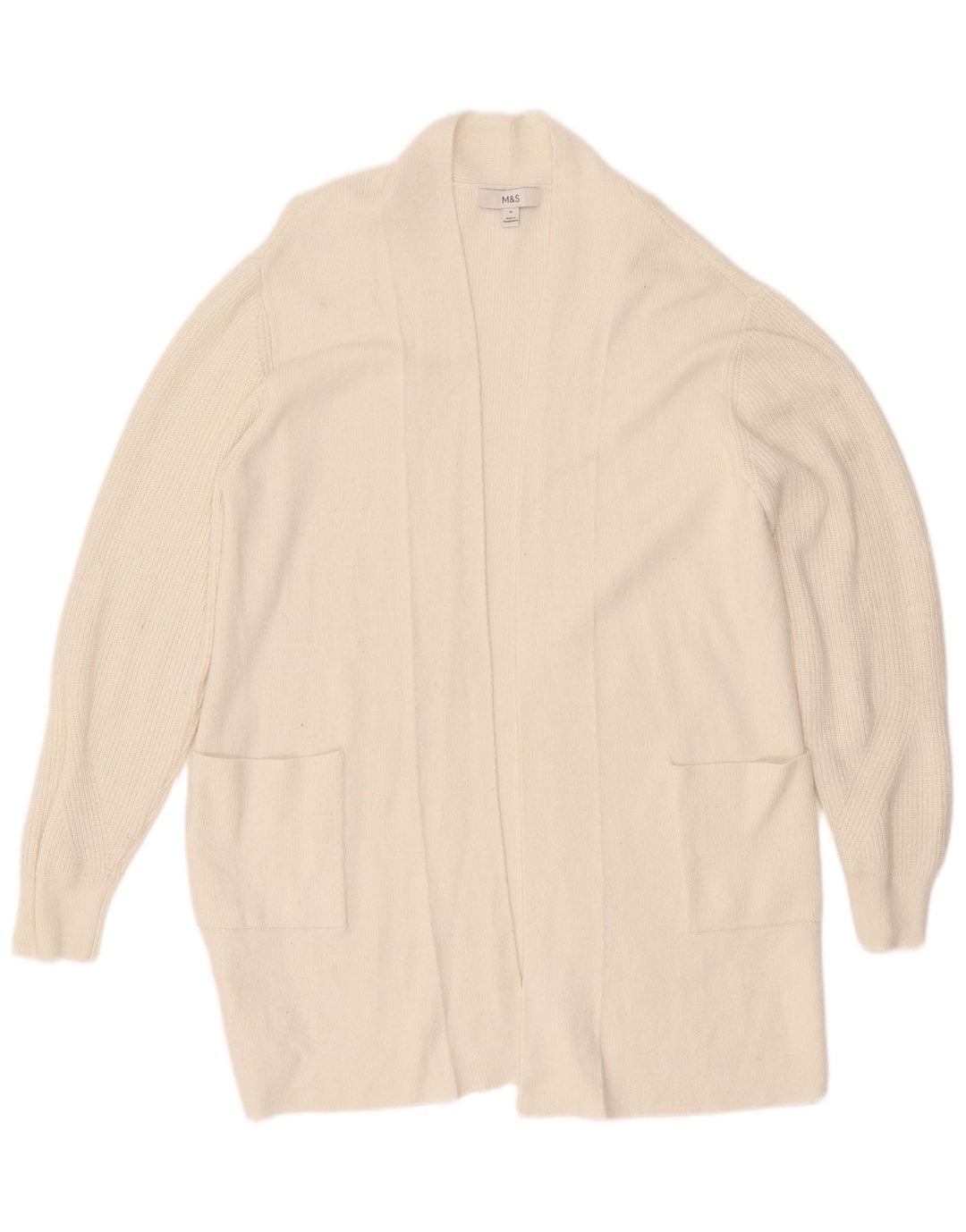 Maglione cardigan aperto lungo da donna Marks & Spencer UK 16 grande bianco sporco