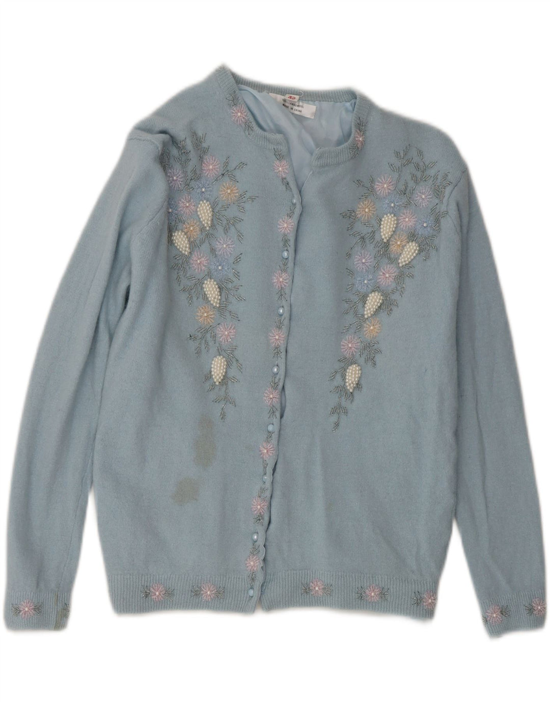 VINTAGE Womens Cardigan Sweater IT 42 Medium Blue Floral Lambswool Vintage Vintage and Second-Hand Vintage from Messina Hembry 