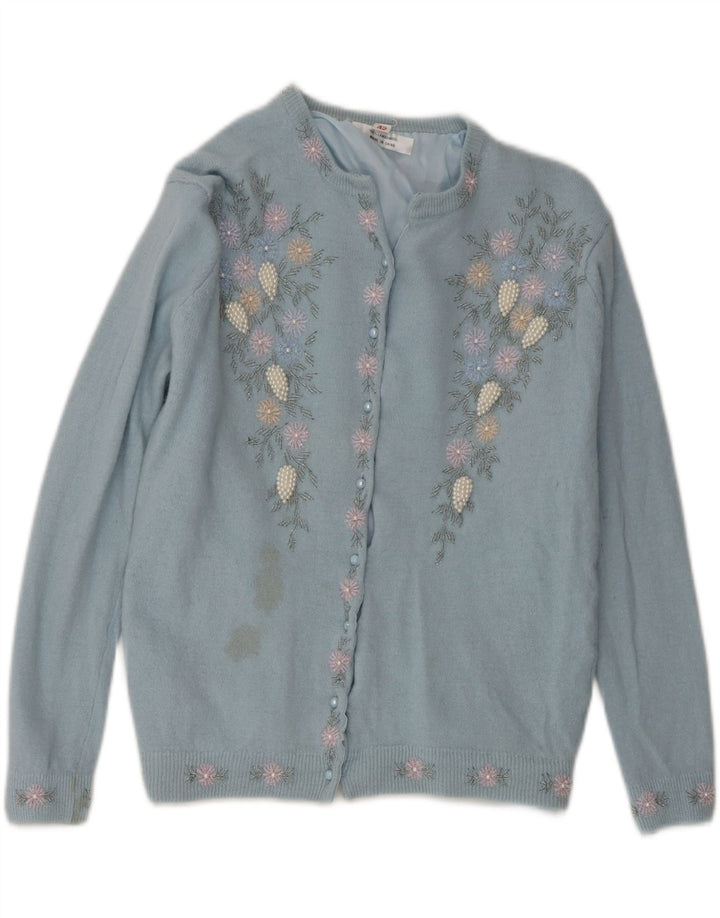 VINTAGE Womens Cardigan Sweater IT 42 Medium Blue Floral Lambswool Vintage Vintage and Second-Hand Vintage from Messina Hembry 
