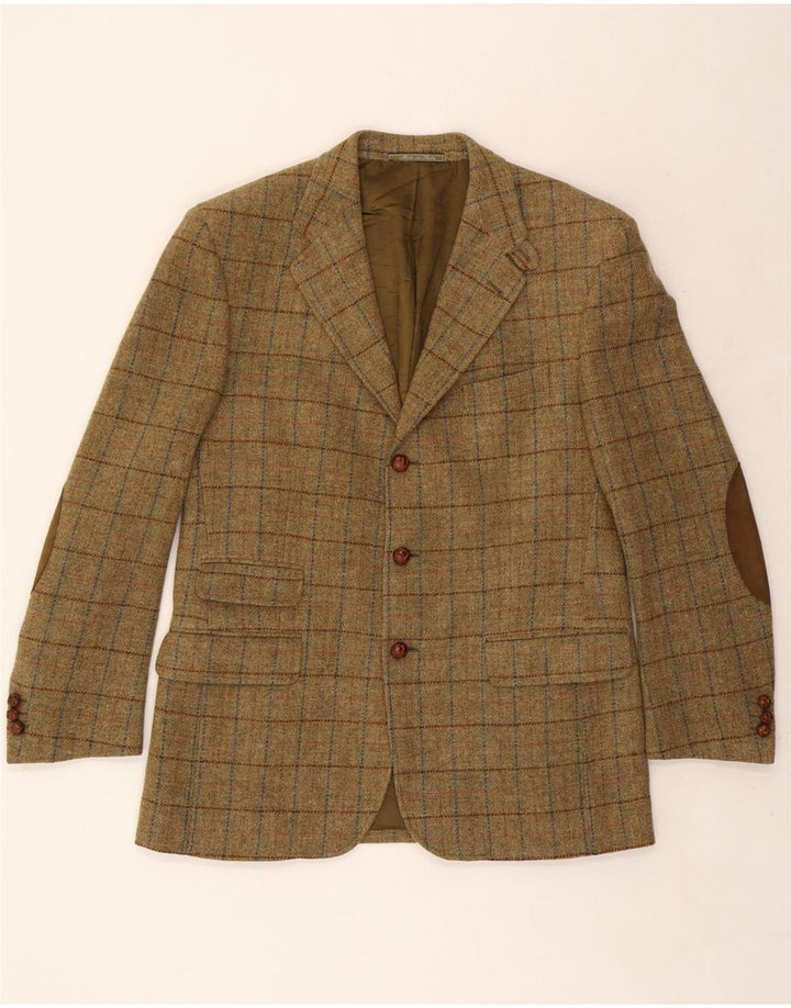 Giacca blazer da uomo a 3 bottoni VINTAGE IT 52 XL lana a quadri kaki