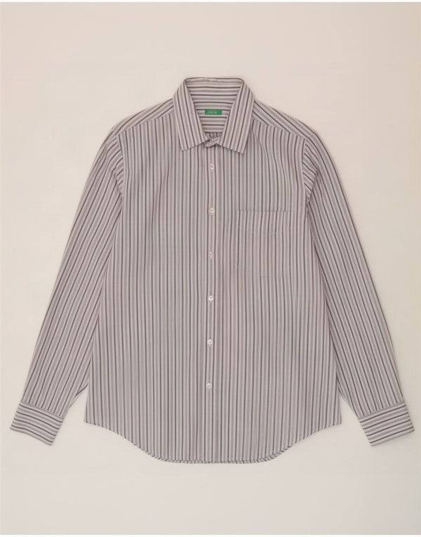 Benetton Mens Shirt Large Grey Striped Cotton