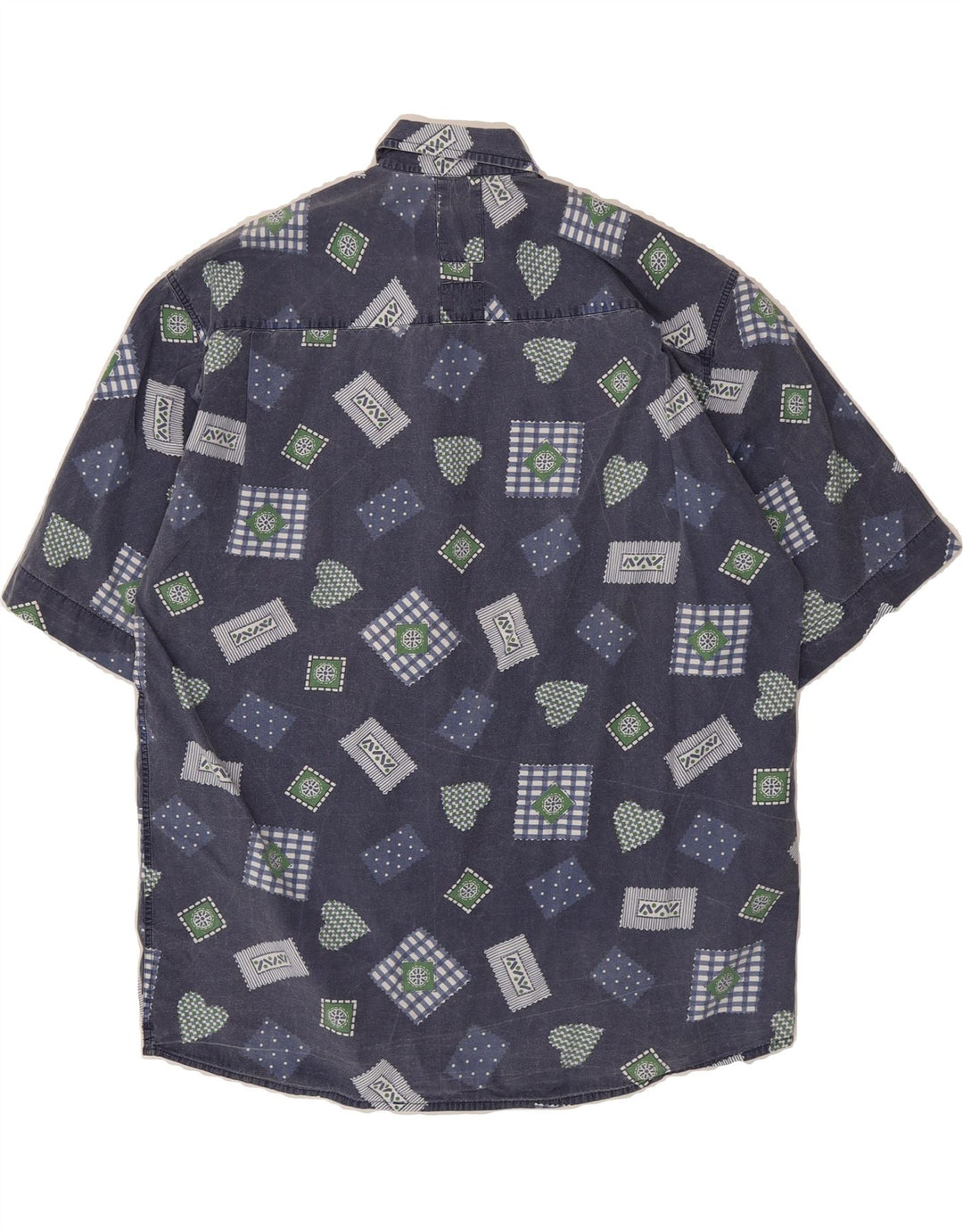 VINTAGE Mens Short Sleeve Shirt Medium Blue Patchwork Vintage Vintage and Second-Hand Vintage from Messina Hembry 