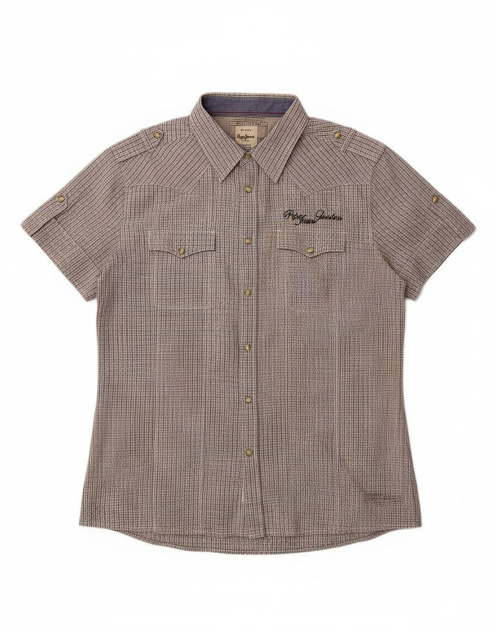 PEPE Jeans Camicia militare a maniche corte da uomo XL in cotone a quadri grigio