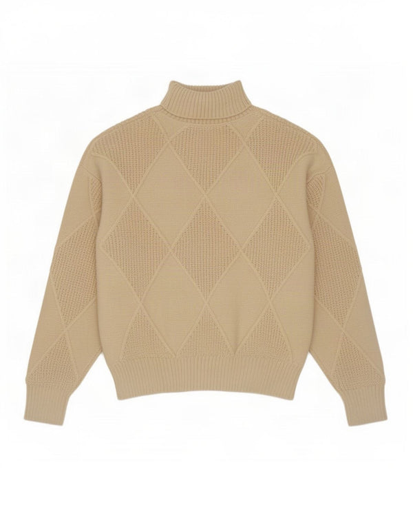 Maglione maglione vintage da donna con collo alto UK 16 grande beige a rombi/diamante