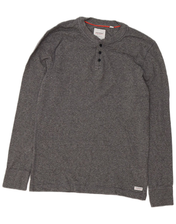 Top Henley da uomo Superdry a maniche lunghe XL in cotone chiazzato grigio