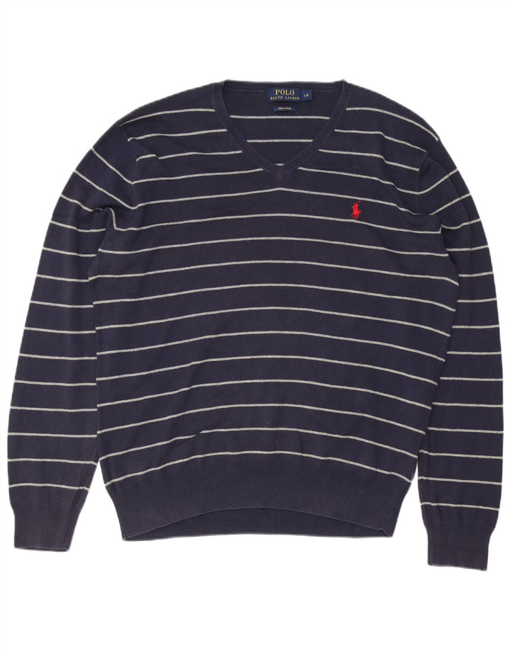 POLO RALPH LAUREN Maglione da uomo con scollo a V a righe grandi blu navy