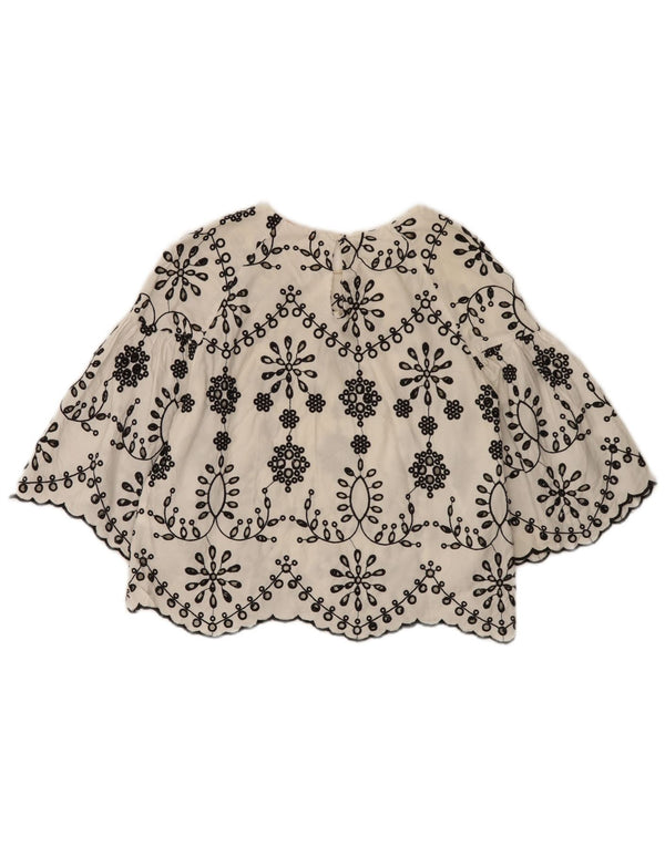 Top Zara Donna Trafaluc Crop Maniche a 3/4 Camicetta UK 10 Piccolo Bianco Floreale