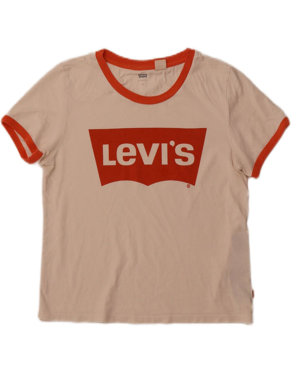 LEVI'S T-shirt grafica corta da donna Top UK 12 Cotone bianco sporco medio