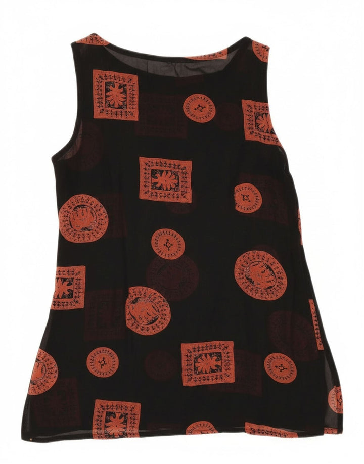 Top tunica senza maniche vintage da donna UK 12 patchwork nero medio