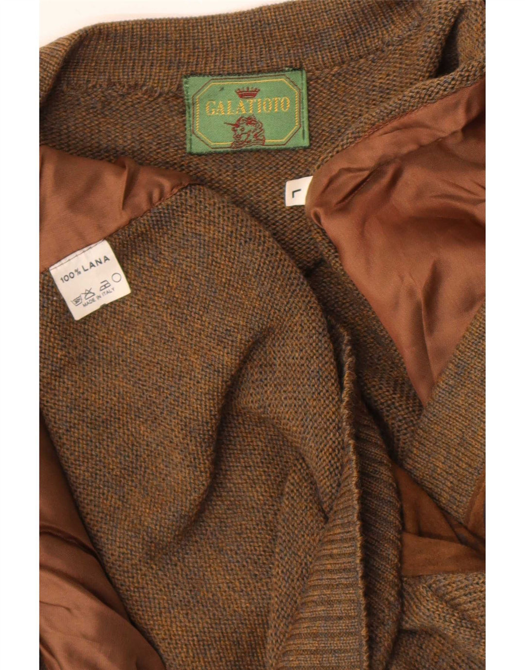 Maglione cardigan in pelle scamosciata vintage da uomo grande lana geometrica marrone