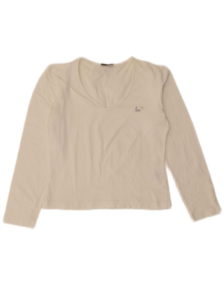 Lee Top corto da donna a maniche lunghe UK 14 grande cotone bianco