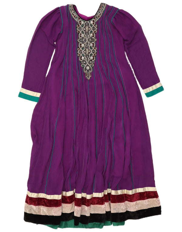 Abito lungo da donna vintage a maniche lunghe UK 16 Large Purple Colourblock